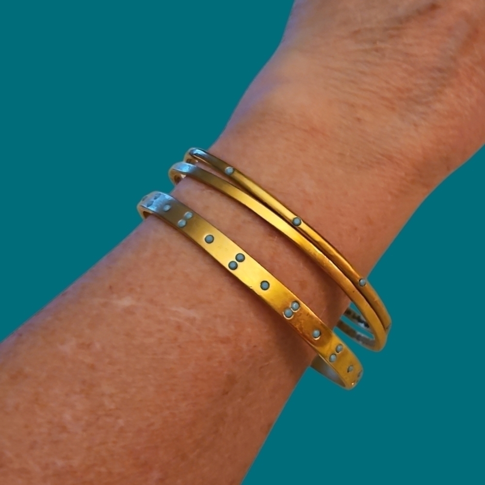 3/$30 Set of Three Matte Gold Metal Blue Dot Bangle Bracelets FLAWED
